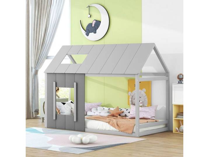 Lit enfant - LANGTU - Cabane 90x200 - Bois pin & MDF - Gris - Sommier inclus