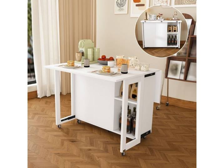 Table pliante modulable - SOGEU - 100x105x75cm - 3 positions (console/basse/manger) - Meuble 2 portes & 2 étagères - Roulettes 360°