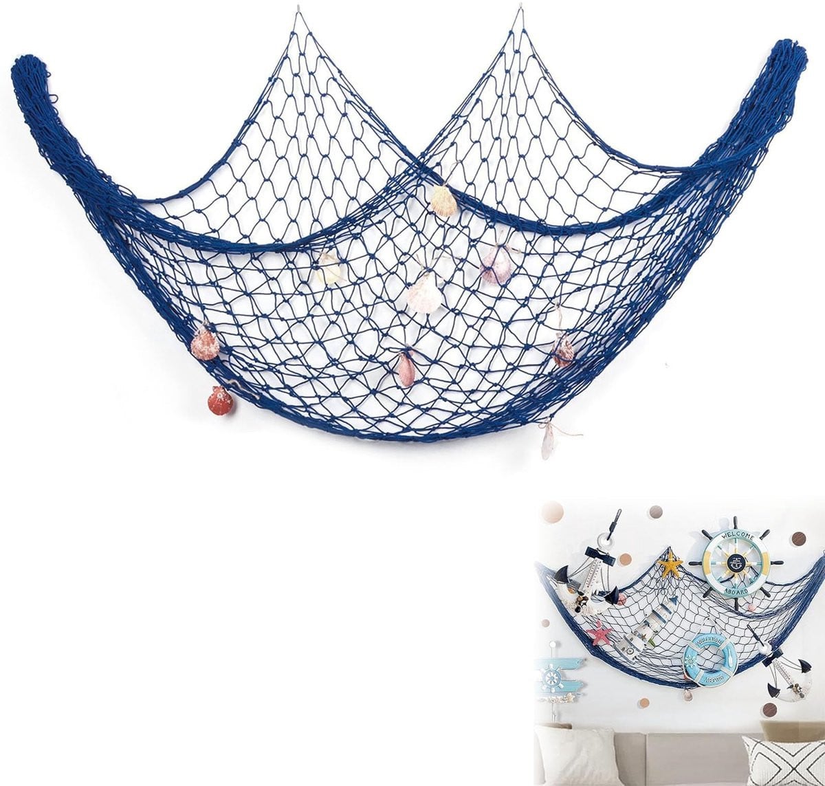 Decoratieve Vissersnet met Schelpen - Nautische Wanddecoratie - Breedte: 200 cm, Hoogte: 150 cm