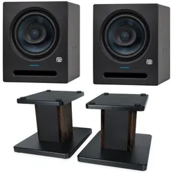 PreSonus Studio-Monitor Eris Pro 8 1 Paar mit Boxenständer Walnuss (Aktiv), Monitor Lautsprecher, Schwarz