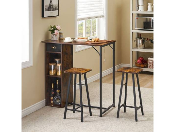 Ensemble Table de Bar 3 pièces - Table Haute avec 2 Tabouret étagères rangement industriel cuisine appartement Marron