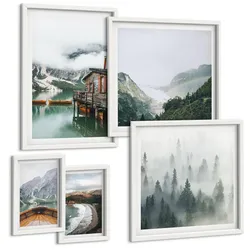 BILDER SET 5er Set - 50x50 cm & 20x30 cm & 40x60 cm Weißer Rahmen - Berge, See, Boot, Nebel, Strand