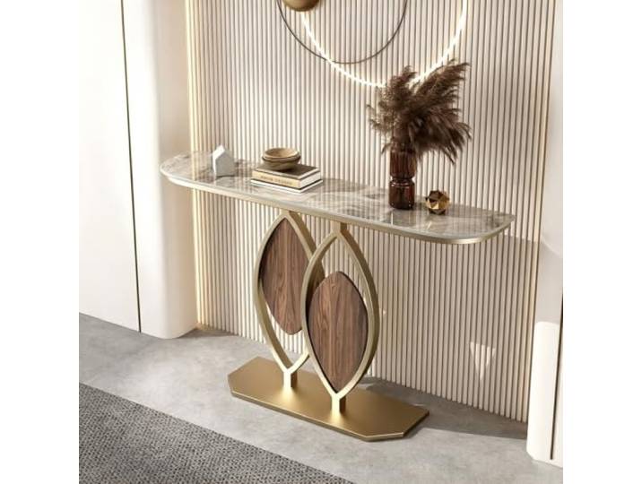 Moderner Konsolentisch mit Steinplatte, Flurtisch für Eingangsbereich Robuste Steinplatte, Metallrahmen, Schmaler Flurtisch, Sofatisch, Wohnzimmer(Gold+Gray,47.2in(120cm))