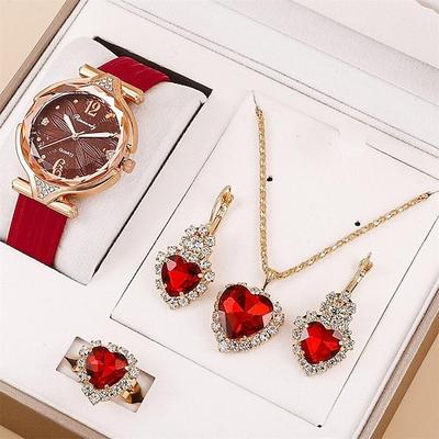 5-teiliges Set Damen-Uhren Lederband Damen Uhr Einfache Freizeit Damen Mode Armbanduhr und Schmuck Muttertagsgeschenk