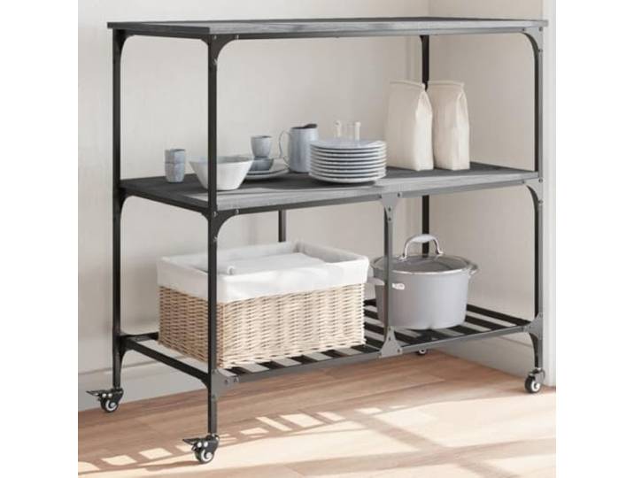 Küchenwagen Grau Sonoma 100x50x95 cm Holzwerkstoff mit Stahlrahmen Küchenregal mit Rollen, Stauraum für Gewürze und Utensilien, Stand- oder Rollbetrieb, Wandhalterung inklusive