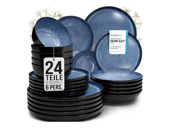 PURE LIVING INTERIOR DESIGN Geschirr-Set Steingut Geschirrset 6 Personen Ibiza 24 tlg. TESTSIEGER, Traumhaftes (24-tlg), 6 Personen, Steingut, Mediterrane Handwerksoptik, Reaktive Glasur – jedes Stück einzigartig…