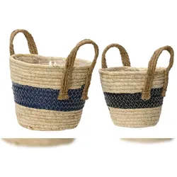 KSD 2 Blumentöpfe geflochten 14-17cm - Übertopf Blumen Pflanzen Korb Henkel Flechtkorb Aufbewahrung Blumenkorb Pflanzenkorb Indoor Deko Natur Blau Schwarz