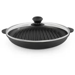 BRIZOLL Ø30cm Grillpfanne aus Gusseisen Bräter mit Glasdeckel Schmortopf zwei Griffe Servierpfanne Grill