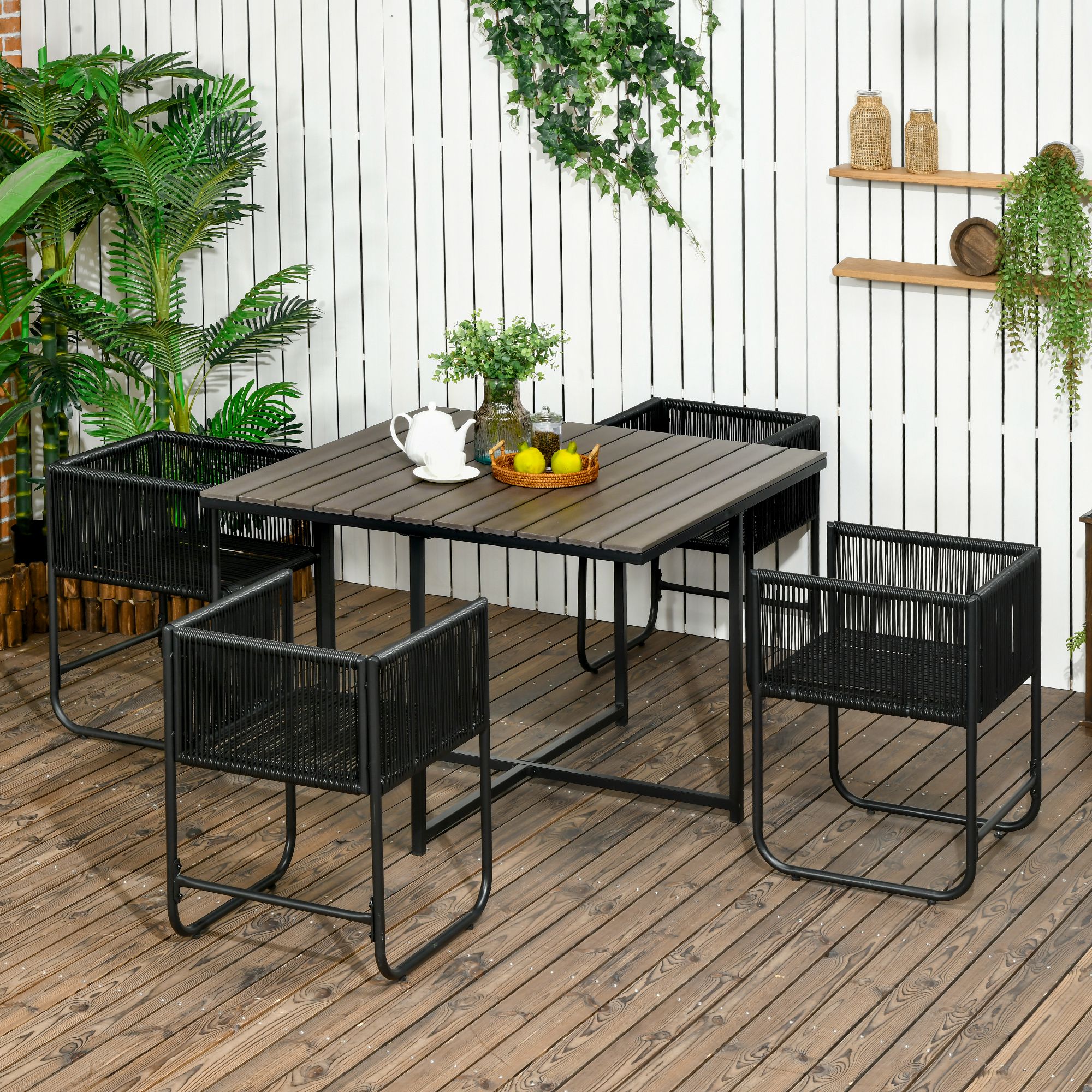 Outsunny Tavolo e Sedie da Giardino 5 Pezzi in Rattan PE e Acciaio, 4 Sedie da Esterno con Cuscini e Tavolo Rettangolare Aosom