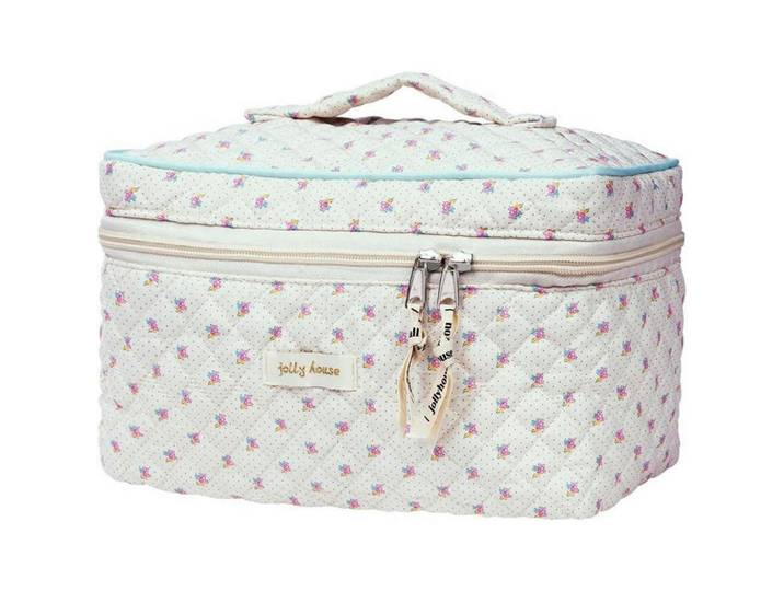 Kulturtasche Damen Beige Blumenmuster Baumwolle Flip-Cover, Mehrfarbig, 16x16x27 cm, Badaccessoires, Kosmetikdosen