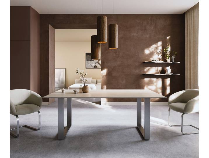 Esstisch Edge 200x100 Keramik Laminam® Travertino Bianco Creme-Weiß Edelstahl Schmal, Esstische