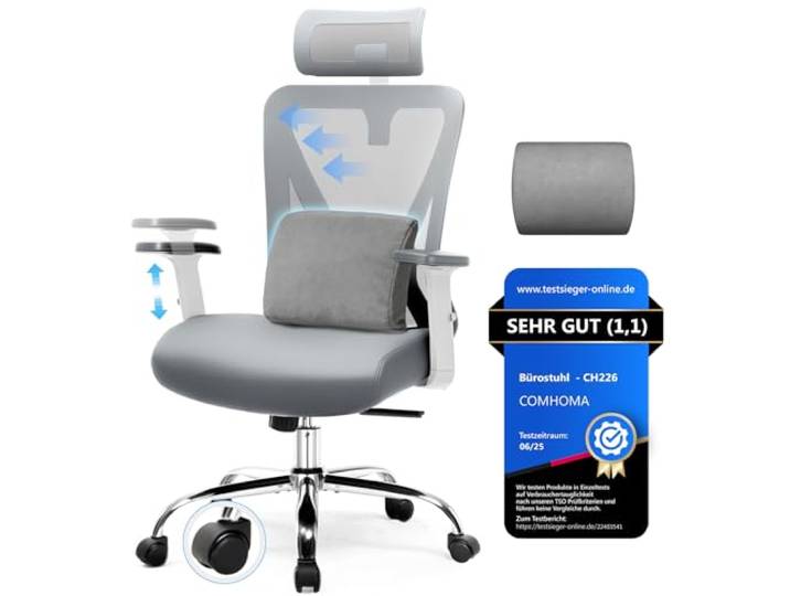 COMHOMA Chaise de Bureau Ergonomique [vainqueur du Test] - avec Appui-tête 3D et Support Lombaire 3D - Accoudoirs réglables - Chaise de Bureau avec Fonction Bascule et Inclinaison\, Gris