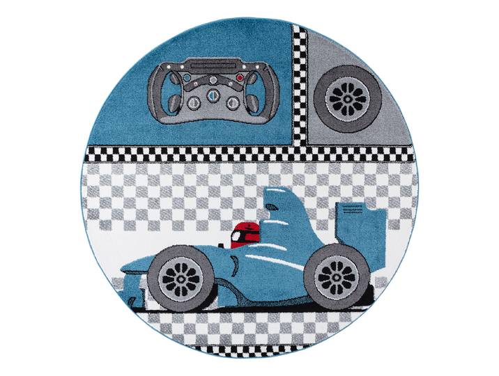 Kinderteppich Kids Rennfahrer rund Ø 160cm Blau/Blau