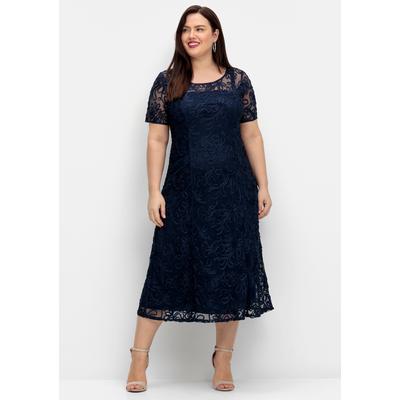 Abendkleid SHEEGO "Abendkleid", Damen, Gr. 50, Normalgrößen, Kurzarm, blau (marine), 100% Polyester, unifarben, wadenlang, Rundhals, Kleider Abendkleid