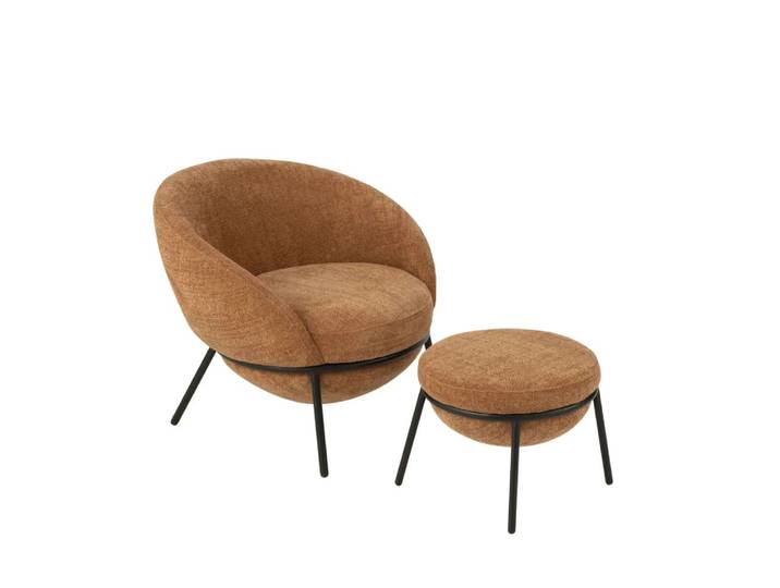 Fauteuil design et repose-pied en tissu orange terracotta