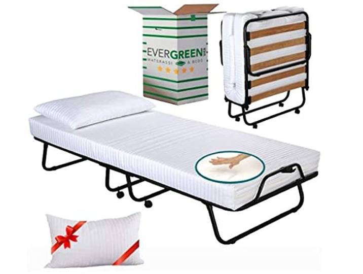 EVERGREENWEB Gästebett 90x200 Klappbett aus Stahlrahmen mit Lattenrost aus Buchenholz, Ortopädisch, 4 Kratzfeste abnehmbare Rädchen, Platzsparendes Bett, perfekt als Notbett, mit Sicherheitssperre