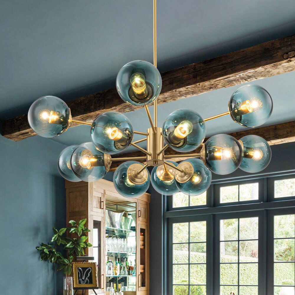 Canora Grey 12-Light Gradient Blue Globe Brass Sputnik Chandelier Brass 22cm H X 90cm W X 90cm D