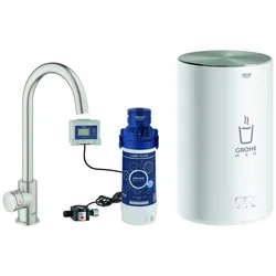 GROHE Red Mono Standventil Set, Ausladung 153mm, C-Auslauf, mit GROHE Red Boiler Größe M, 30085DC1, Farbe: Supersteel
