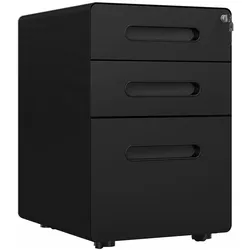 MODFU Rollcontainer Aktenschrank Stahl Schwarz 39x48x59 cm mit 3 Schubladen Hängeregister abschließbar auf Rollen für Büro und Homeoffice