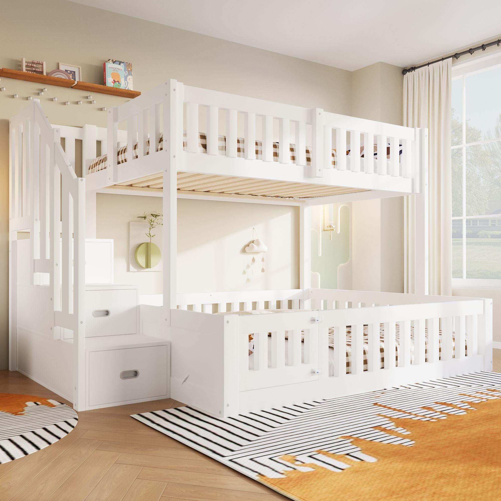 Merax Etagenbett 90x200 und 140x200 cm, Stockbett mit Stauraumtreppe, Schutzgittern, Einstiegstür, Kinderbett, Jugendbett, Weiß