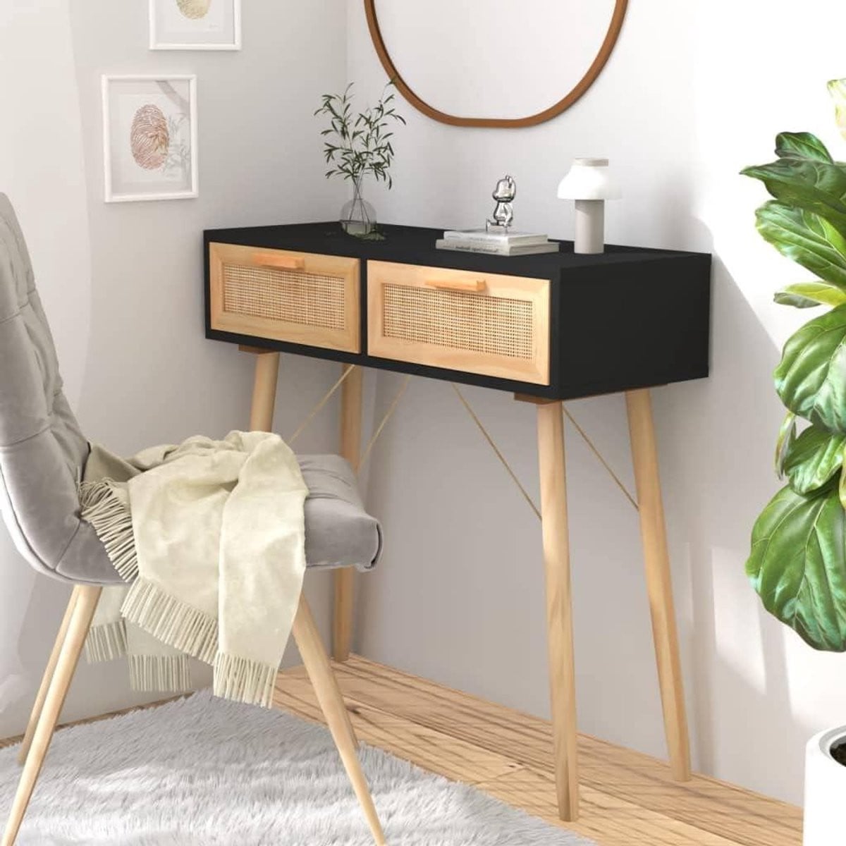 Zwarte Consoletafel met Natuurlijk Rotan Weefsel - B/D/H: 80 x 30 x 75 cm