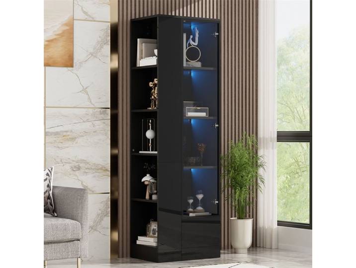 Vitrine Haut - Vitrine d'exposition avec 1 porte en verre - LED RGB connectée - 1 Tiroir et Rayonnage Ouvert - Noir