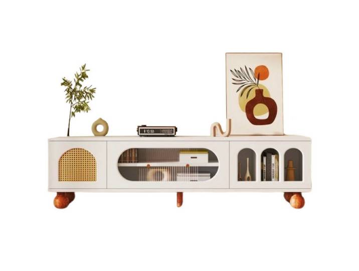 Rutaqian TV-Ständer TV-Möbel mit Rattantür, Glasschiebetür, 3 Offenen Bogenbereichen, (Lowboard TV-Schrank mit Goldenen Griffen und Massiven Holzfüßen, Moderner Stil Fernsehschrank Runde Holzbeine,170x37x47 cm)