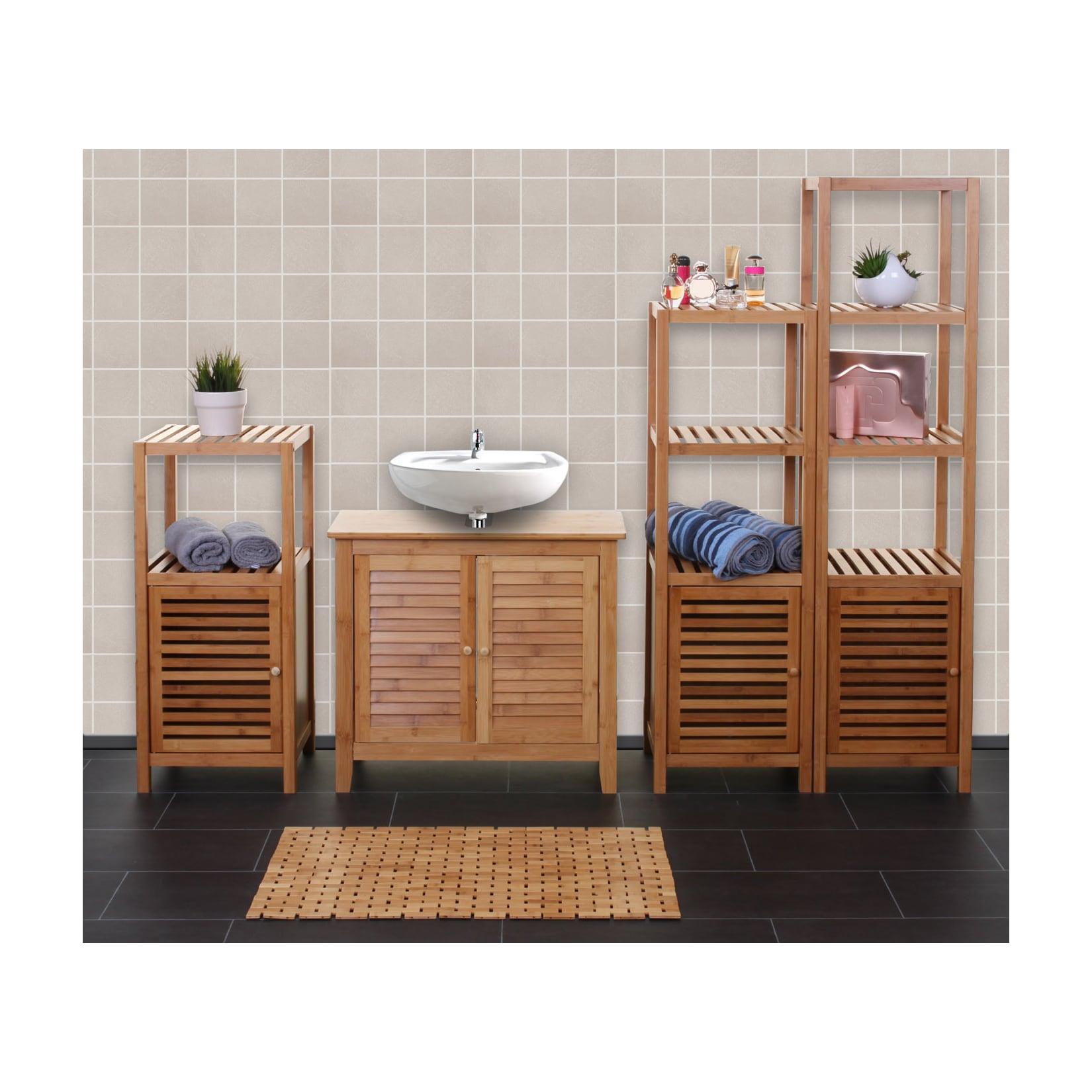 Badezimmerset MCW-B18, Komplett Badezimmer Badmöbel Badset Badschrank mit Tür, Bambus