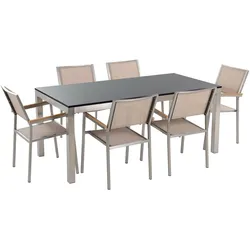 GARTENMÖBEL SET 6-Sitzer Naturstein schwarz poliert Textilbespannung beige Grosseto