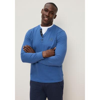 Henleyshirt DELMAO, Herren, Gr. 4XL (68/70), blau, Rippware, Obermaterial: 100% Baumwolle, unifarben, V-Ausschnitt, abgesteppt, Shirts, Normale Passform, Langarm, mit Stehkragen und V-Ausschnitt