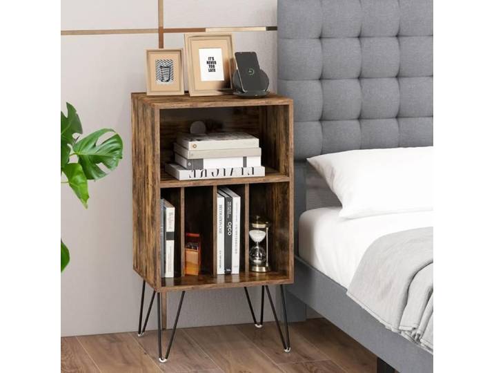 Meuble pour platine vinyle marron rustique 3 niveaux avec station de charge et rangement pour disques pour salon et bureau