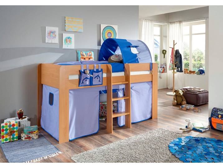 Hochbett RELITA Andi , blau (buche dekor natur blau, delfin), H:107cm, Spanplatte: Buche Nachbildung Melamin natur;Stoff: 100% Baumwolle (bei 30 C waschbar), Hochbetten, Hochbett, mit Rolllattenrost, Textil-Set und Leiter, pflegel. Dekor Oberfläche