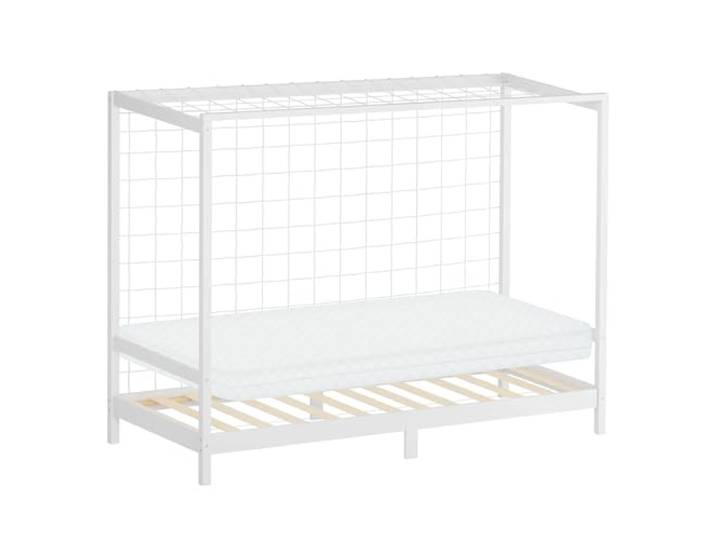 ML-Design Kinderbett Fußballtor 90x200 cm mit Matratze H:10cm, Weiß, Kinder Einzelbett, Holzbett mit Lattenrost/Tornetz, Jugendbett aus Kiefernholz, Bettgestell, Bett Fußballbett-Tor Handballtor