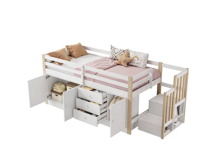 Flora Grace Hochbett 90/200 cm in Weiß mit Treppe und Stauraum, 90x200 cm, Babymöbel & Kindermöbel, Kinderzimmer & Jugendzimmer, Kinderbetten, Hochbetten