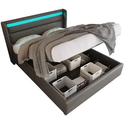 Hydraulisches Stauraumbett 140x200 cm mit LED-Beleuchtung und Fernbedienung – elegantes Grau für modernen Wohnraum