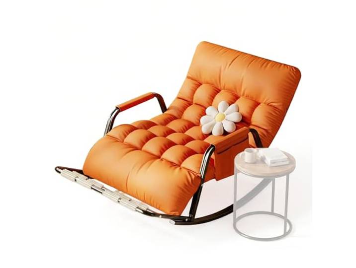 Schaukelstuhl Outdoor, wetterfest, integrierte Massage-Fußstütze, kratzfestes Polster, ergonomisch verstellbare Rückenlehne und Fußstütze, 93x111x50 cm, Grau & Orange, belastbar bis 250 (Color:orange)