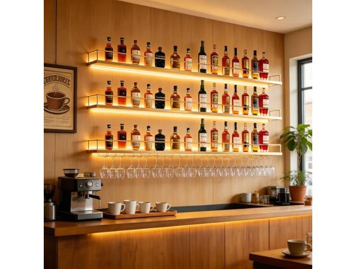 Pazcalie 200cm Wandmontiertes Weinregal mit 3 Ebenen, großes Fassungsvermögen, Weinpräsentationsregal mit Gläserhalter, modernes Weinlagerregal für Hausbar und Küche