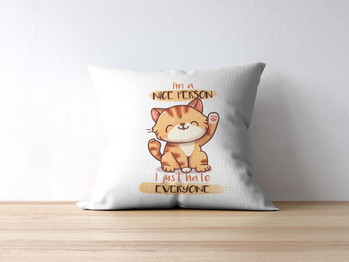 Sierkussen I Hate Everyone met grappige kattenprint voor op de bank, 40 x 40 cm