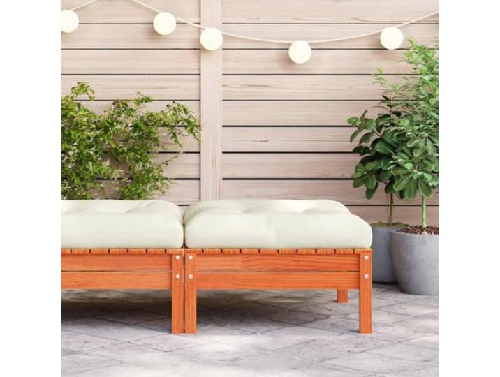 KTHLBRH Fußhocker für den Garten, aus Kiefernholz, mit Kissen, cremefarben Ottomane für den Außenbereich, 63 x 63 x 28,5 cm, Lattenrost-Design, modular, maximale Belastung 110 kg