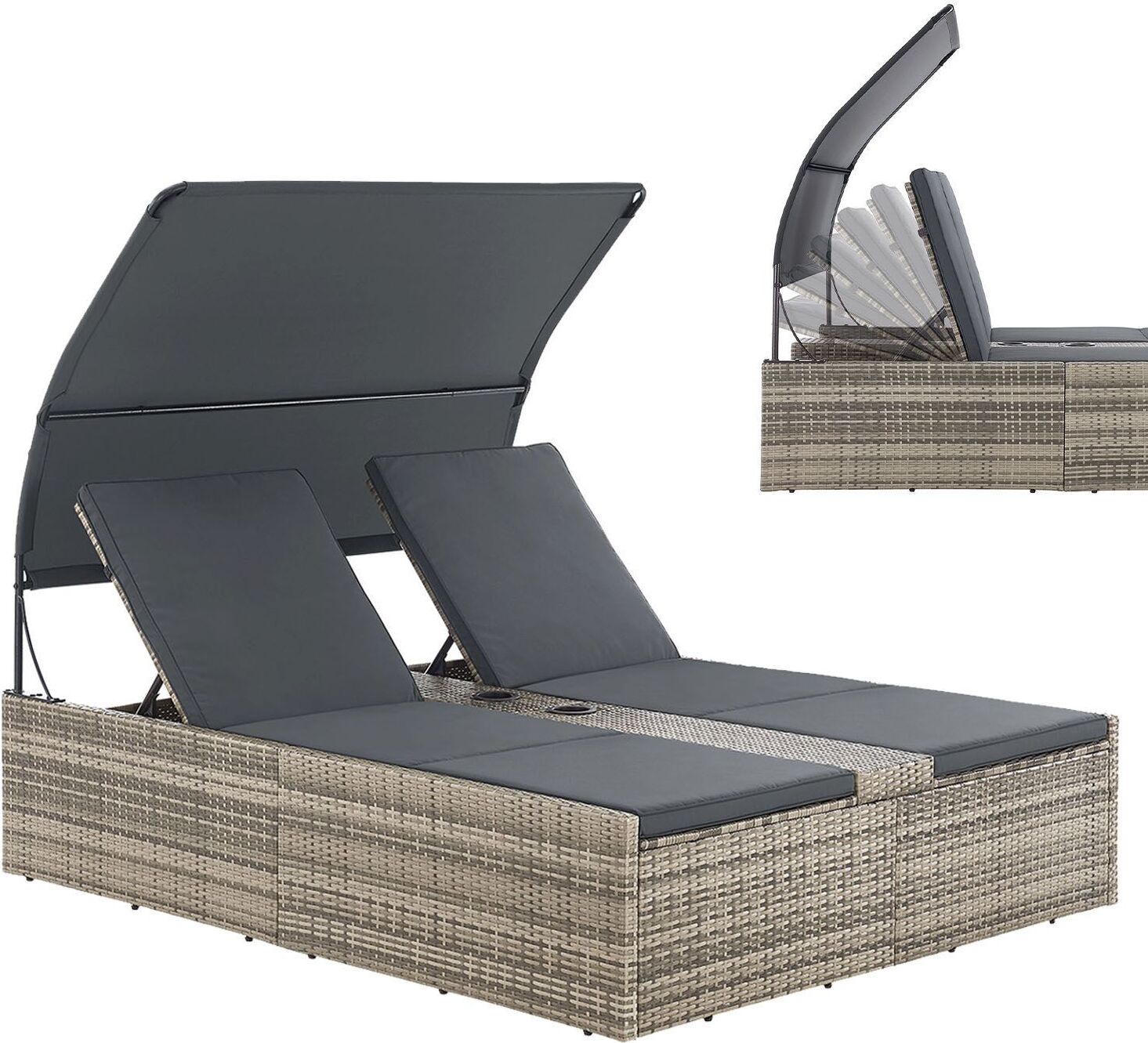 Juskys Polyrattan Doppelliege Syros - Outdoor Sonnenliege mit Dach & Auflagen - Grau-meliert