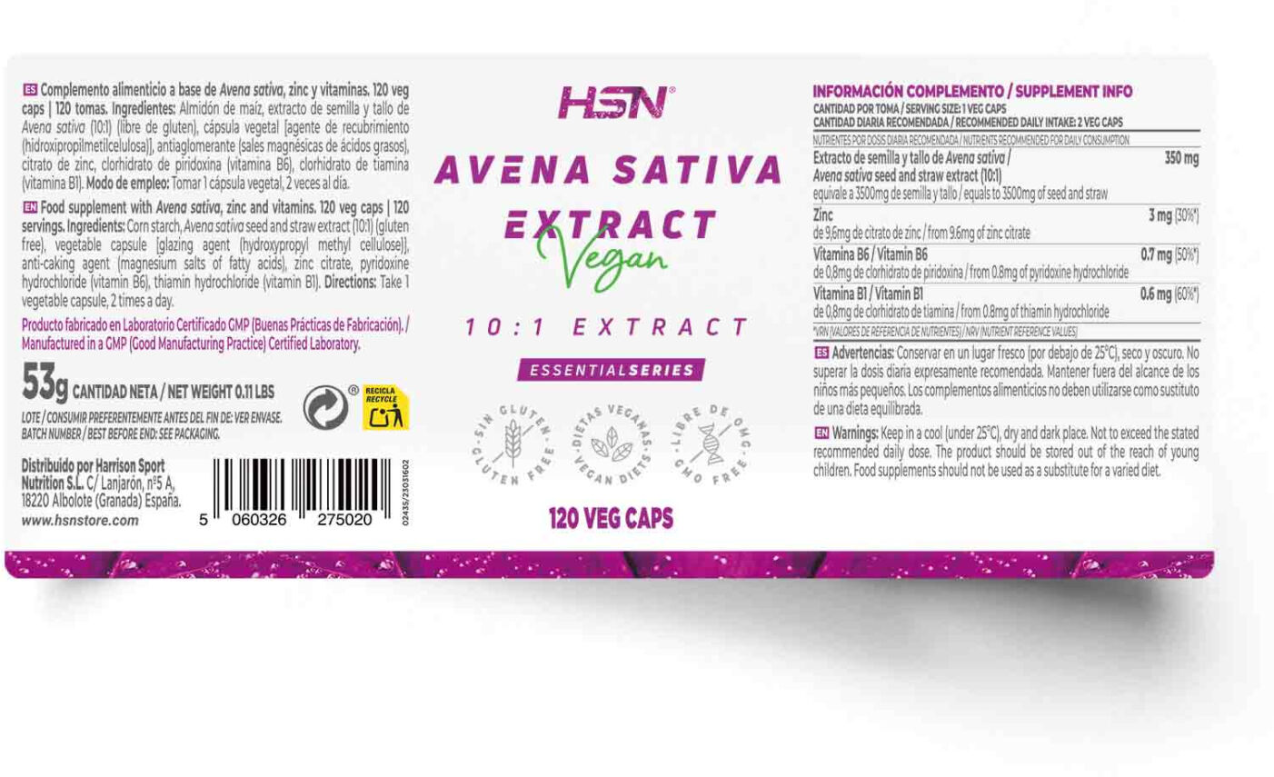 HSN Extracto de avena sativa (10:1) 175mg - 120 veg caps - Pro-Testosterona - Cápsulas Vegetales - 120  Servicios