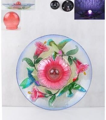 Hi-Line Gift Ltd. Solar Orb Floral Glass Hummingbird Bird Bath With Stand