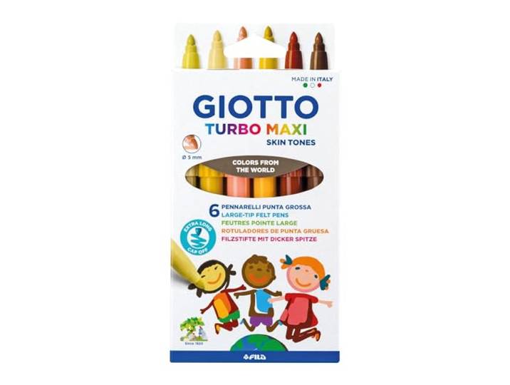 GIOTTO Turbo Maxi Super wasbare viltstiften, grote punt van 5 mm, 6 huidskleuren verschillende kleuren, ideaal voor kinderen, feesten en scholen