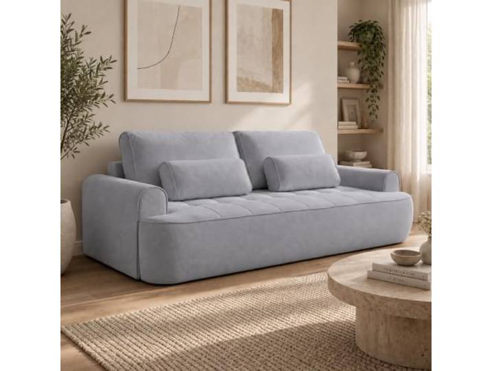 Home Collective Schlafsofa mit Bettkasten 250 cm Hellgrau Gästebett, Ausziehcouch, Veloursstoff, Easy-Clean, quadratische Steppung, inklusive Zierkissen, Wohnzimmer Möbel
