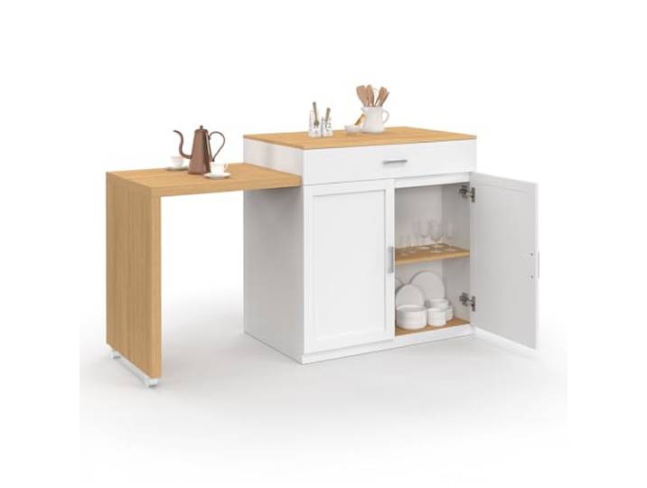 IDMarket - Mittelinsel VITO 94-155 cm weißes Holz mit integriertem ausziehbarem Esstisch in Buchenholzoptik