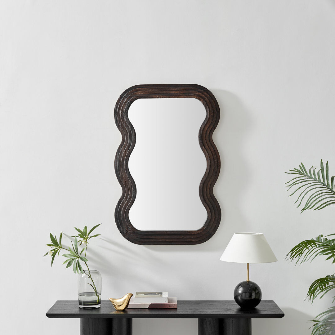 Metro Loora Solid Wood Wavy Hallway Wall Rectangle Mirror - Slatted Fluted Wood Finish Brown 90cm H X 60cm W X 3.6cm D