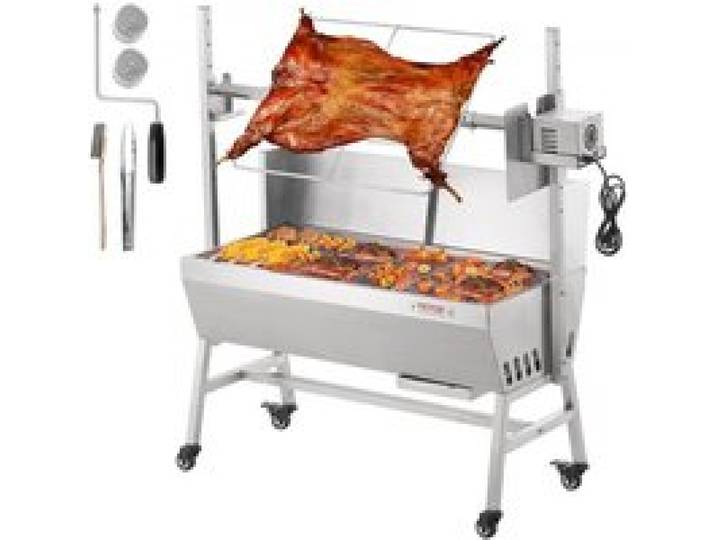 VEVOR Barbecue à Charbon avec Tournebroche Électrique 42 W Charge 61 kg, Rôtissoire Barbecue 94,4 cm, en Inox, avec Pare-Brise et Roues Verrouillables, pour Rôtir Agneau Porcelet Poulet Camping