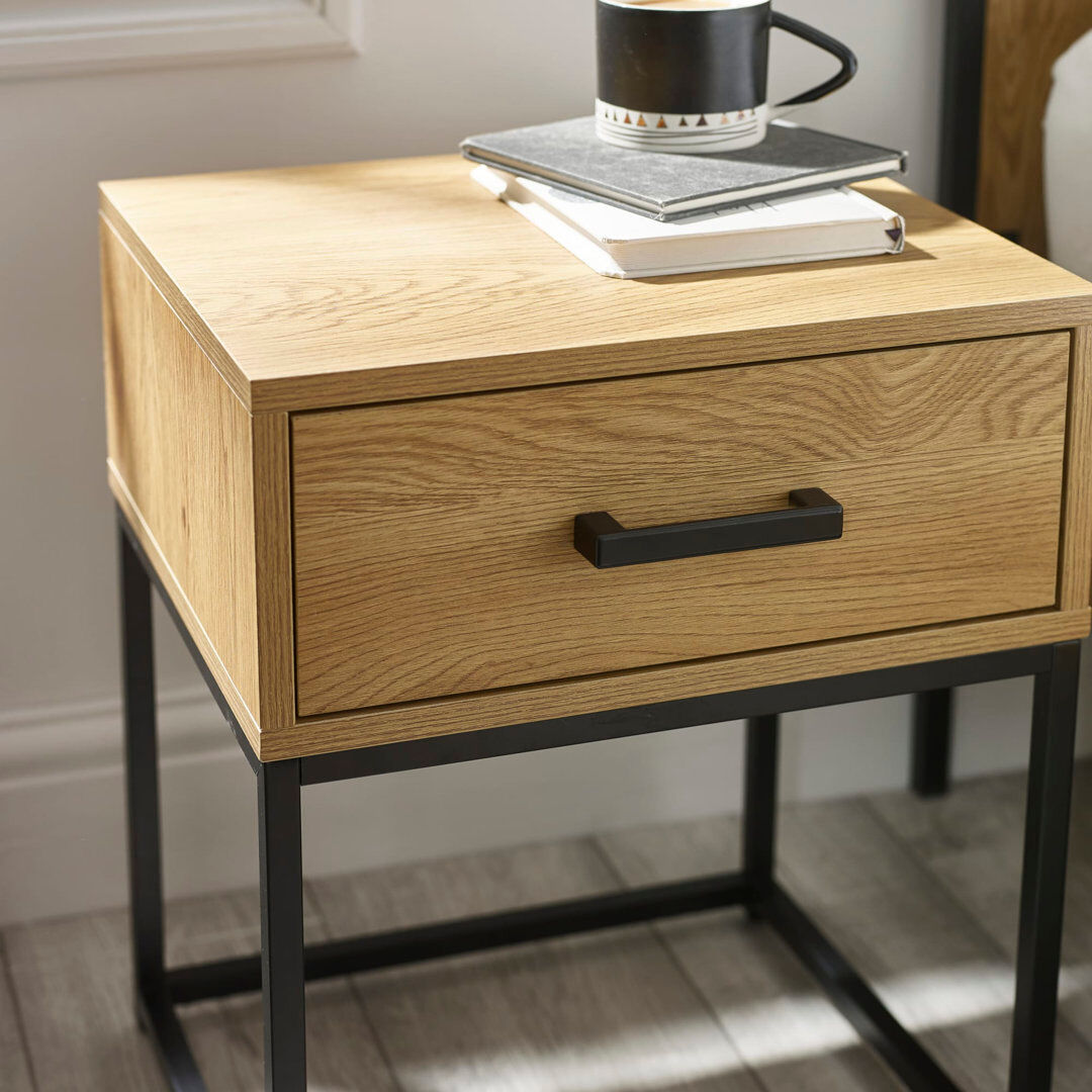 17 Stories Josh Light Oak Effect 1 Drawer Bedside Table Brown 50cm H X 40cm W X 35cm D