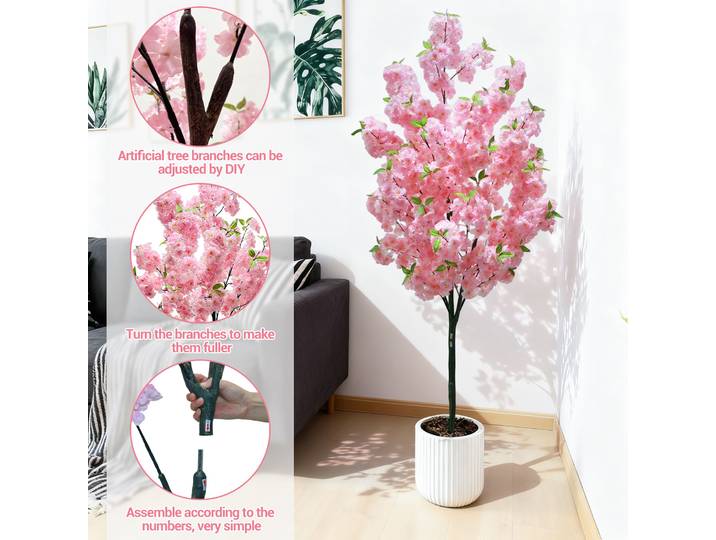 Arbre de fleurs de cerisier artificielles avec fleurs roses, 6 pieds, en soie en pot réaliste, pour décoration de maison et de bureau