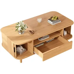 Merax Couchtisch mit Schublade, 2 Rollladentüren, offenem Fach und Holzbeinen, 100 x 50 x 35 cm, Naturholzoptik